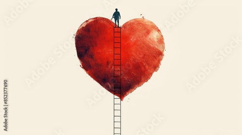 The image shows a ladder leading up to a red heart. The heart is in the clouds. A person is standing on the ladder. The image is about love, hope, and reaching for your dreams. photo