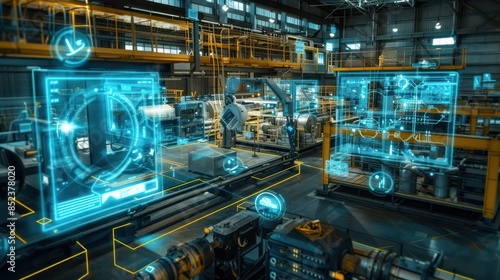 Team of Engineers and Professionals Workers in Heavy Industry Manufacturing Factory that is Digitalized with Graphics into Digital Twin of Industry