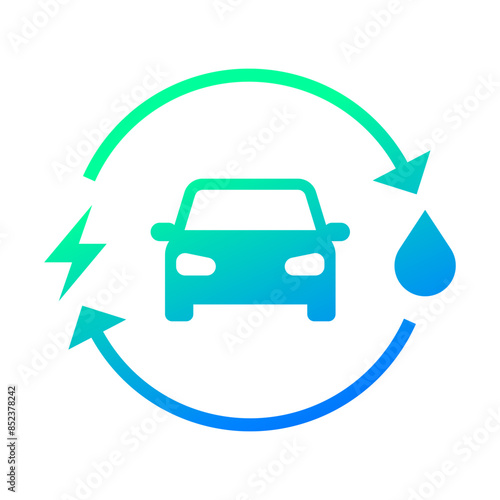 Plug-in hybrid electric vehicles icon (PHEV car), with recycling rotation arrow, Half section part of electric energy and fuel engine renewable loop, Vector illustration