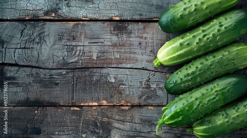 Crisp cucumbers atop a weathered wooden backdrop