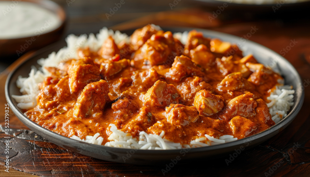 a plate of chicken tikka masala with rice. on a dark background a plate of chicken tikka masala with rice. on a dark background