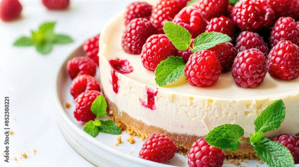 Cheesecake topped with fresh raspberries and mint leaves on a white backdrop Cheesecake topped with fresh raspberries and mint leaves on a white backdrop