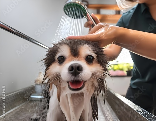 A people showers a dog in a grooming salon and focus of the camera is on the person's hands  photo