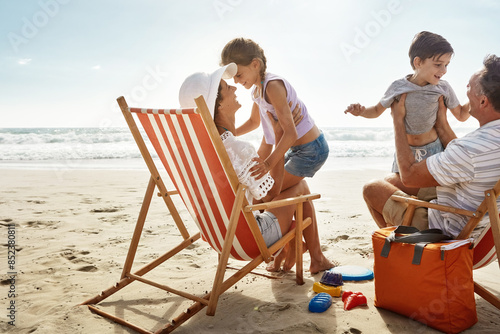 Photography Beach, sunshine and family with vacation, travel and excited with getaway trip, chairs and weekend break