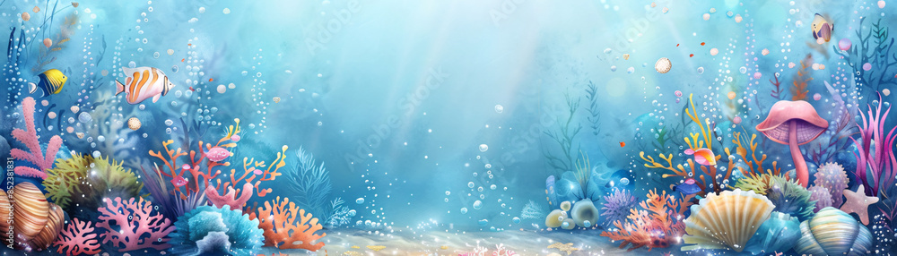 Fototapeta premium Colorful underwater scene with coral reefs and fish.