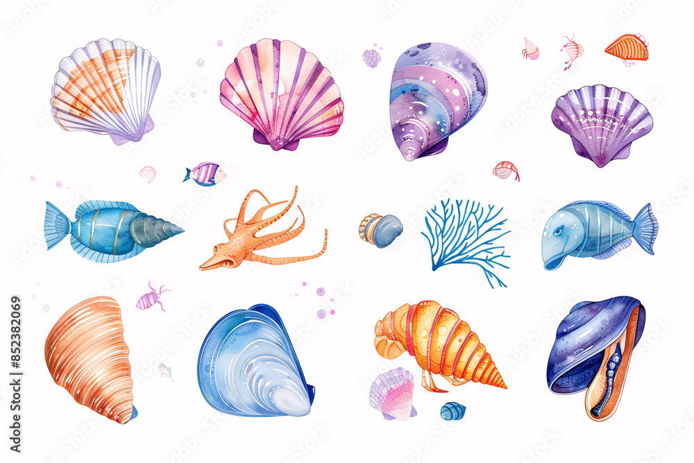 Watercolor illustration of seashells, fish, and an octopus on a white background. Perfect for summer or beach themes. Watercolor illustration of seashells, fish, and an octopus on a white background. Perfect for summer or beach themes.
