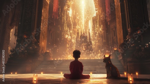 Photo of happy smart child sitting in front of throne at elegant castle hall surrounded with magical glowing light. Attractive bravery boy in fantasy uniform looking at throne represent power. AIG42. © Summit Art Creations