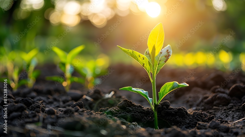 Sprouting Plant Emerging from Fertile Soil in Sunlit Garden Sprouting Plant Emerging from Fertile Soil in Sunlit Garden