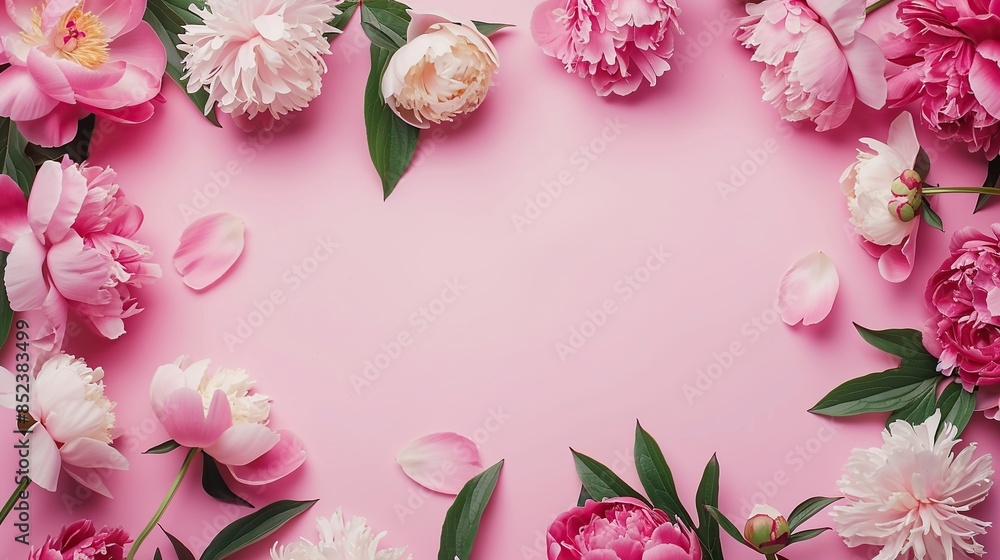 Frame made of beautiful peony flowers on pink background. summer flowers, spring banner, birthday, Mother's day, wedding, mockup frame Frame made of beautiful peony flowers on pink background. summer flowers, spring banner, birthday, Mother's day, wedding, mockup frame