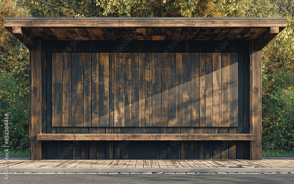Wooden bus stop in the autumn park. 3d rendering. Wooden bus stop in the autumn park. 3d rendering.
