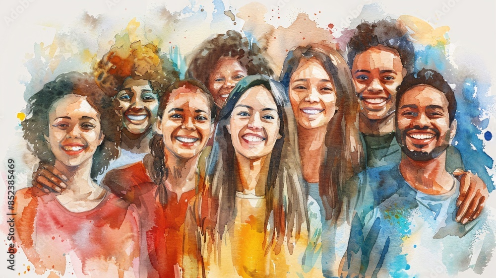 Watercolor Portrait of a Diverse Group of Smiling Friends