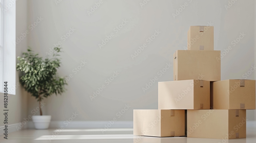 Cardboard boxes with stuff indoors, space for text. hyper realistic 