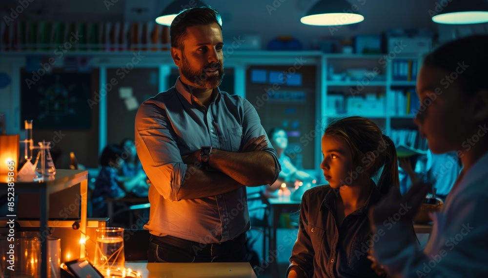 Obraz premium Science class scene with a student paying attention to his teacher