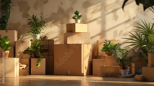 Cardboard boxes with stuff indoors, space for text. hyper realistic 