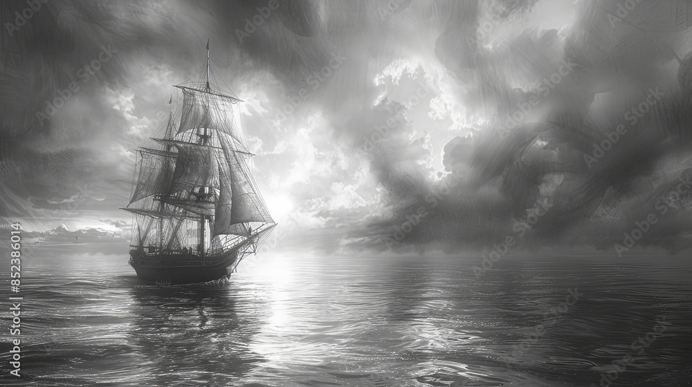 Obraz premium A large ship sails in the ocean with a cloudy sky in the background