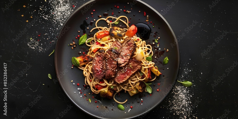 A bowl of beef noodles with vegetables and sesame seeds A bowl of beef noodles with vegetables and sesame seeds
