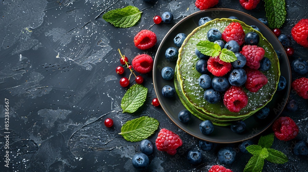 Bright background showcasing green pancakes topped with fresh berries, perfect for copy space