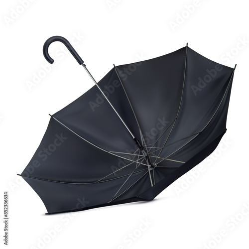The umbrella lies upside down on the surface. Black classic umbrella cane. Realistic vector illustration isolated on white background.