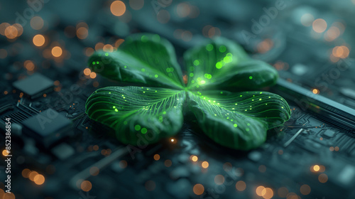 Green clover leaf on circuit board background with lights ,Digital technology concept photo