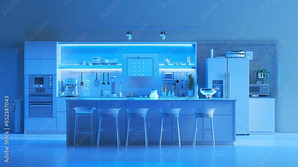 A futuristic kitchen setup with a holographic meal planning interface ...