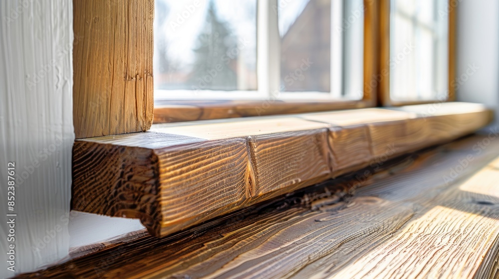 Close up of edge of window frame with textured light brown wood surface Close up of edge of window frame with textured light brown wood surface