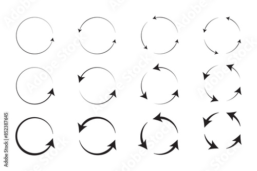 Recycle circle arrows icon set. different circular arrows of black color, different thickness in white background. Vector illustration. Stock image. 