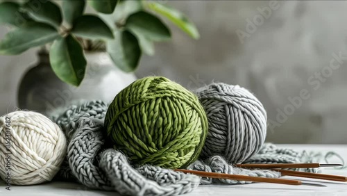Craft hobby background with yarn in natural colors. Recomforting, destressing hobby for cold fall and winter weather
