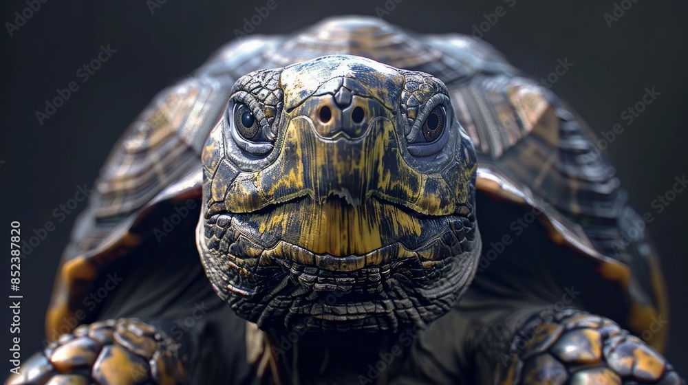 Obraz premium Direct frontal view of a tortoise with detailed shell patterns and focused eyes. hyper realistic 
