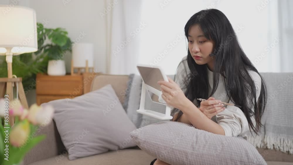 An Asian woman is sitting at a table, applying makeup using a mirror, with beauty products around, in her cozy living room An Asian woman is sitting at a table, applying makeup using a mirror, with beauty products around, in her cozy living room