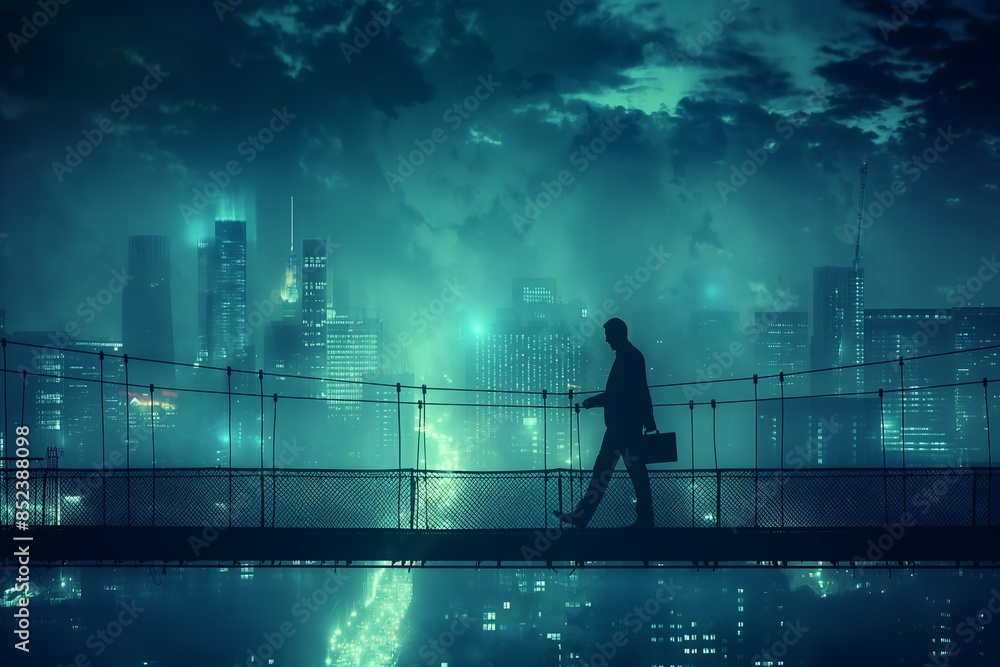Fototapeta premium Businessman confidently walking across bridge above a cityscape