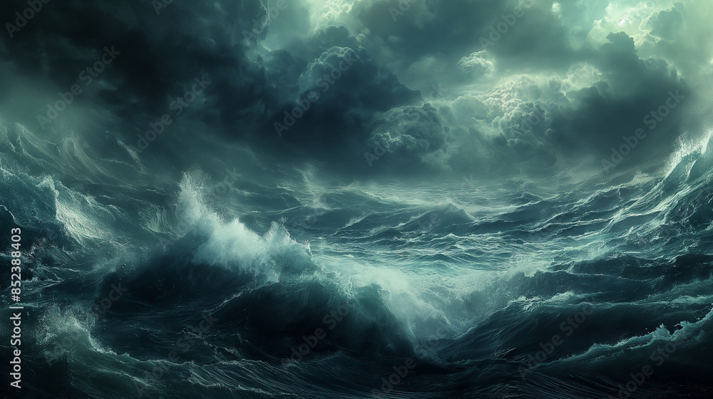 A stormy sea with dark clouds and towering waves, representing the danger of rough waters. 