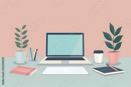 Wallpaper Mural Illustrated Workspace with Laptop and Office Supplies Torontodigital.ca