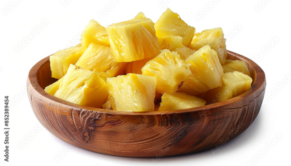 pineapple cubes in wooden bowl isolated on white background pineapple cubes in wooden bowl isolated on white background