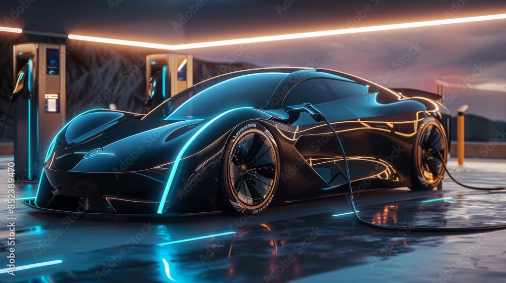 futuristic electric car in charging station. generative ai hyper realistic futuristic electric car in charging station. generative ai hyper realistic