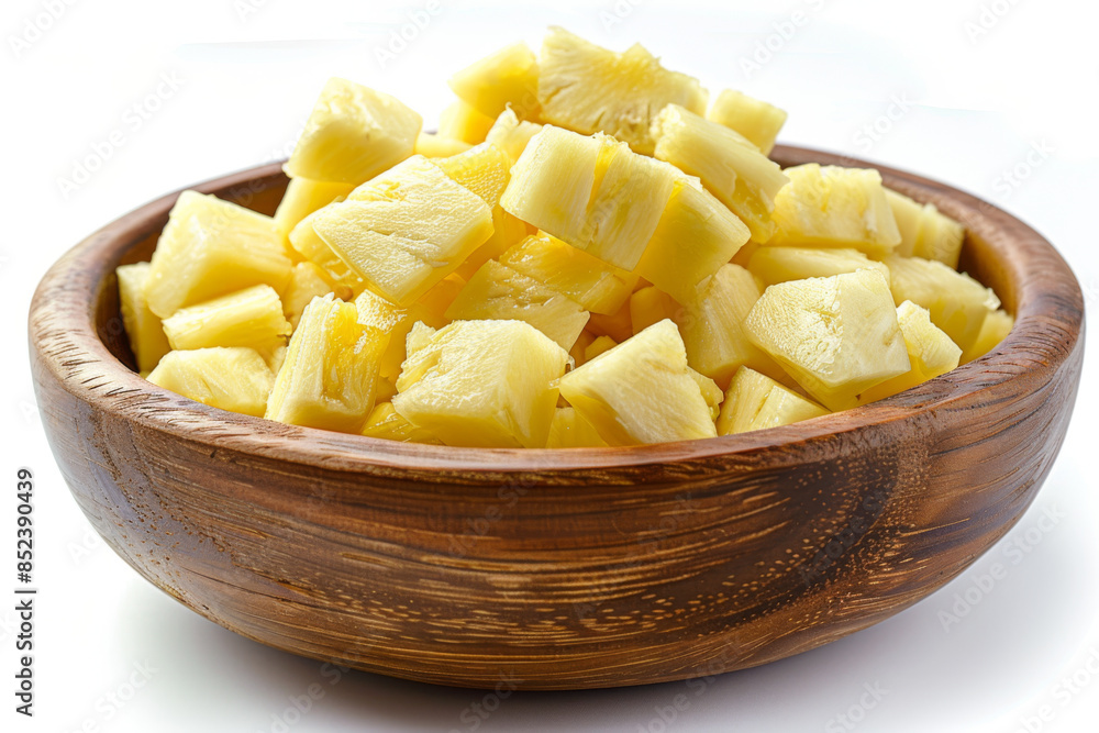 pineapple cubes in wooden bowl isolated on white background pineapple cubes in wooden bowl isolated on white background