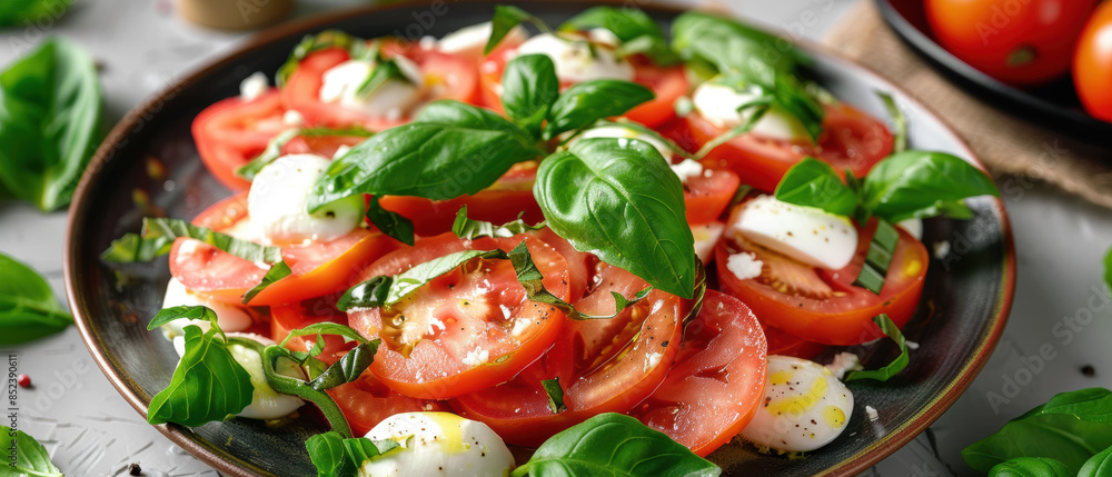 A plate of food with tomatoes and basil on top A plate of food with tomatoes and basil on top