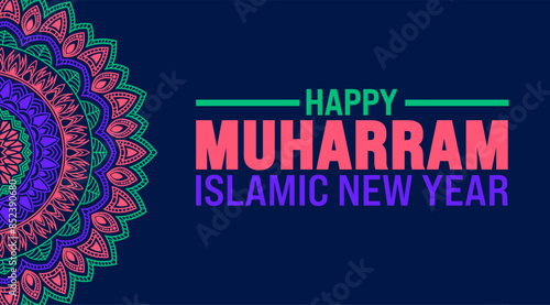 Muharram Islamic New Year mandala background template. Holiday concept. Use a background, banner, placard, card, and poster design template with text inscription and standard color. vector