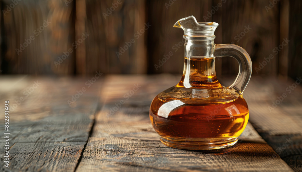 A glass bottle of oil sits on a wooden table A glass bottle of oil sits on a wooden table