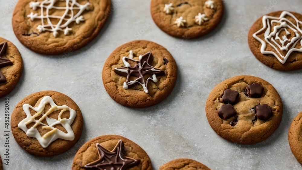 Cookies on a baking sheet surrounded by festive holiday lights and milk Cookies on a baking sheet surrounded by festive holiday lights and milk