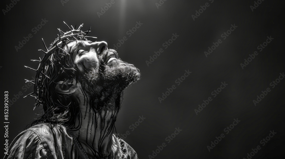 A black and white photograph depicting a man with a crown of thorns, looking upwards, suggesting a depiction of Jesus Christ during his crucifixion A black and white photograph depicting a man with a crown of thorns, looking upwards, suggesting a depiction of Jesus Christ during his crucifixion