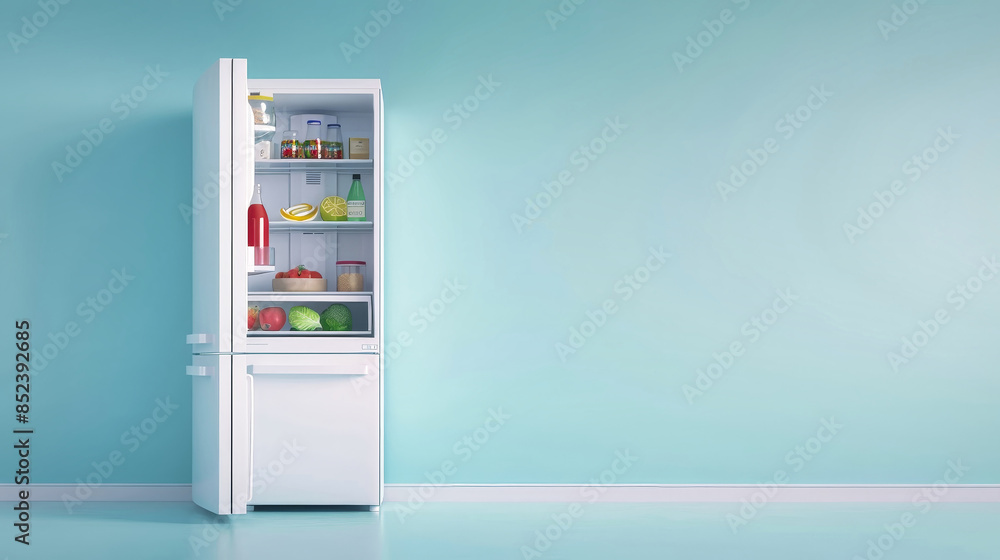 A white industrial freezer with a partially open door reveals a glimpse of its chilled interior, stocked with various food items, ready for storage A white industrial freezer with a partially open door reveals a glimpse of its chilled interior, stocked with various food items, ready for storage