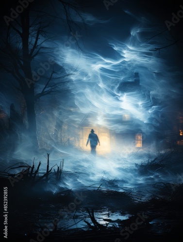 a man walking through a foggy forest at night © AberrantRealities