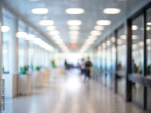 blurred , bokeh Well-lit empty hallway in a hospital