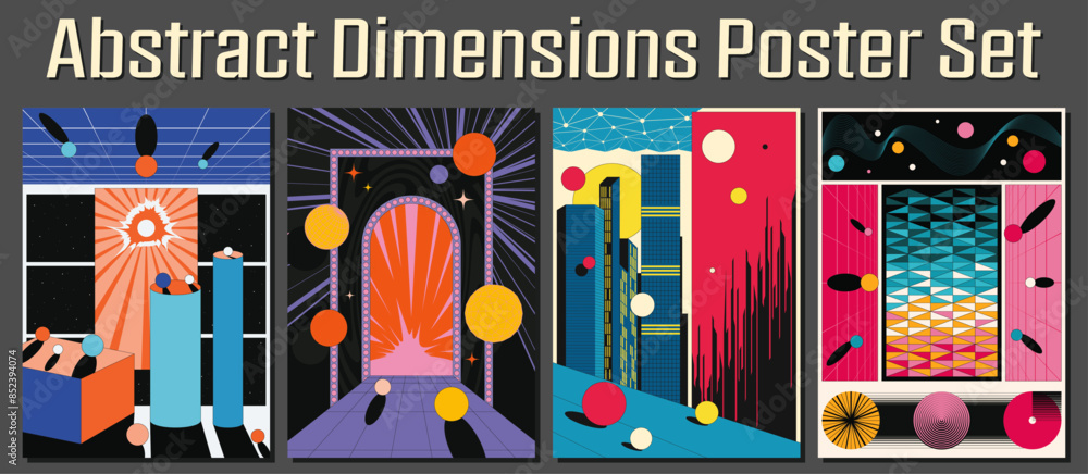 Obraz premium Abstract Space Backgrounds Set. Psychedelic Art, Templates for Posters, Covers, Illustrations. Colorful Mosaics, Surfaces, Geometric Shapes