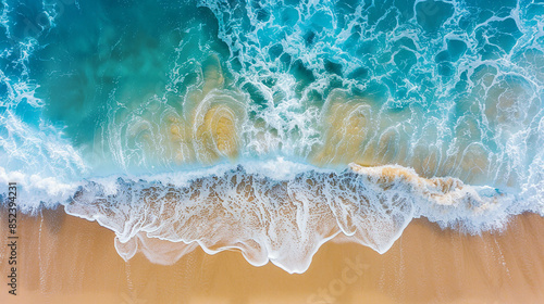Aerial top view of sandy beach with white waves and surf line in ocean water, tropical summer landscape from above. View at the bottom. Warm colors. Background texture for design banner, poster or cov photo
