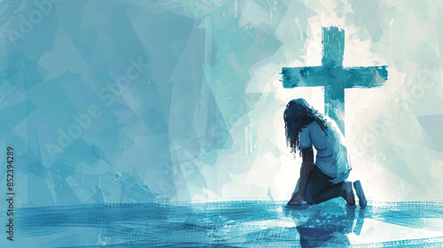 A woman kneels in prayer before a large cross in a church. The scene is painted in a soft, blue palette, suggesting a peaceful and spiritual atmosphere