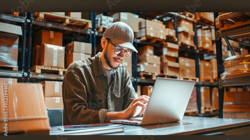 A warehouse worker in a distribution center, wearing a cap and glasses, sits at a desk in front of a laptop, surrounded by shelves full of cardboard boxes. He appears to be checking inventory