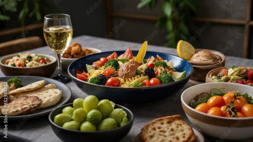 Festive table setting with variety of snacks, drinks, and balloons for a cheerful gathering Festive table setting with variety of snacks, drinks, and balloons for a cheerful gathering