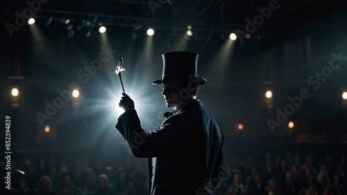 A magician with his back to the camera standing on stage under a spotlight and a magic wand is about to perform. photo