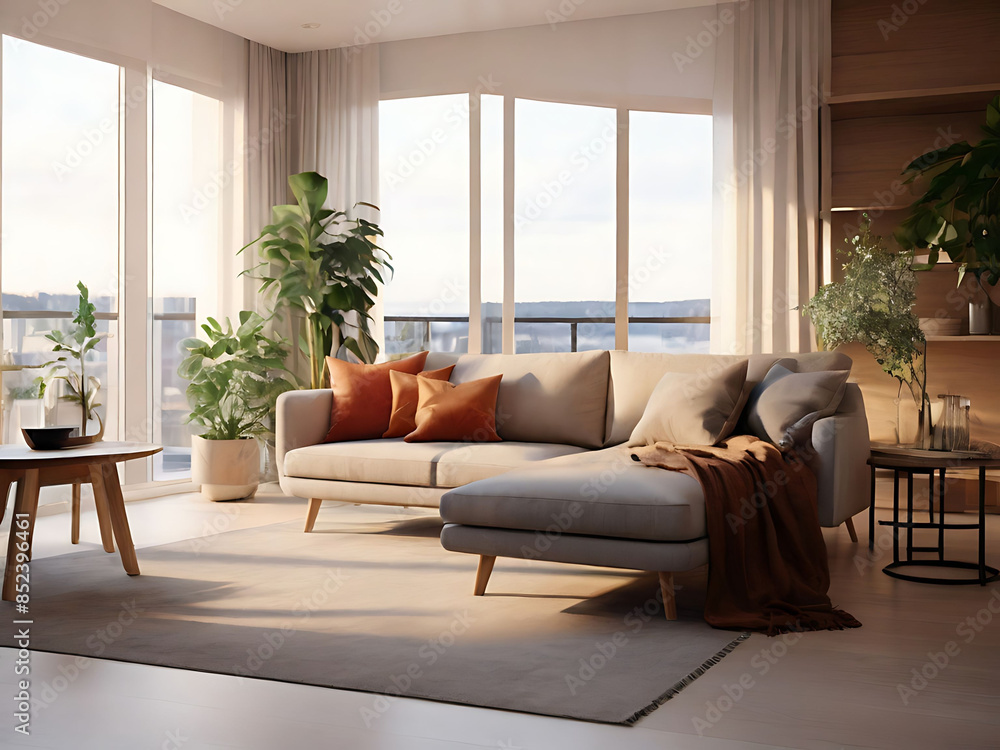 Fototapeta premium Modern living room with a plush sofa and sleek wooden table creates a comfortable and stylish space